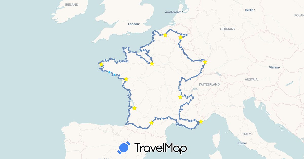 TravelMap itinerary: driving, cycling, boat in Belgium, France (Europe)
